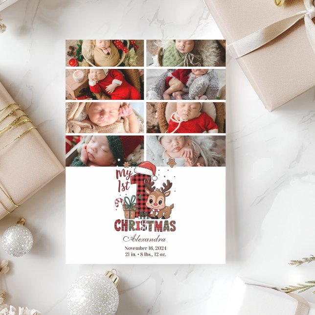 8 Photo Plaid Reindeer First Christmas Julkort (Skapare uppladdad)