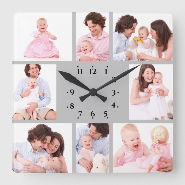 8 sektioner familjefoto i grå ram fyrkantig klocka (Framsida)