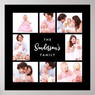 8 sektioner familjefoto i svart ram poster