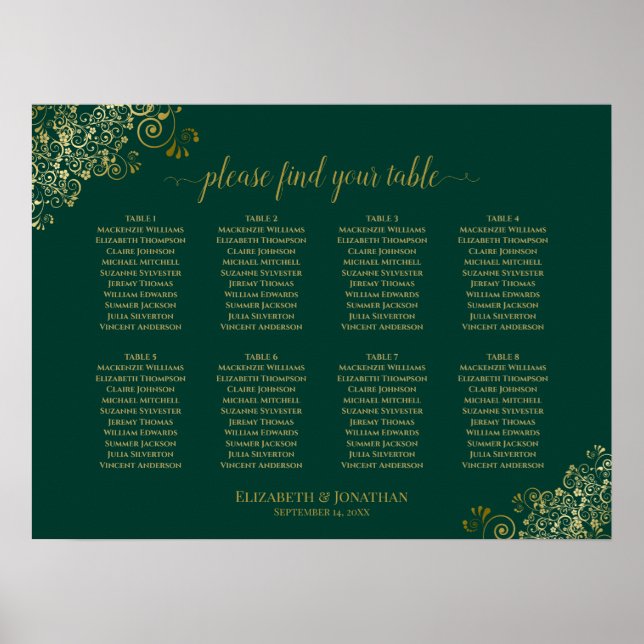 8 Sittplatsschemat Bord Bröllop Emerald Grönt och  Poster (Framsidan)