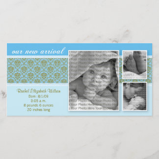 8 x 4 Blue Baroque 3-Photo Birth Notice Meddelande