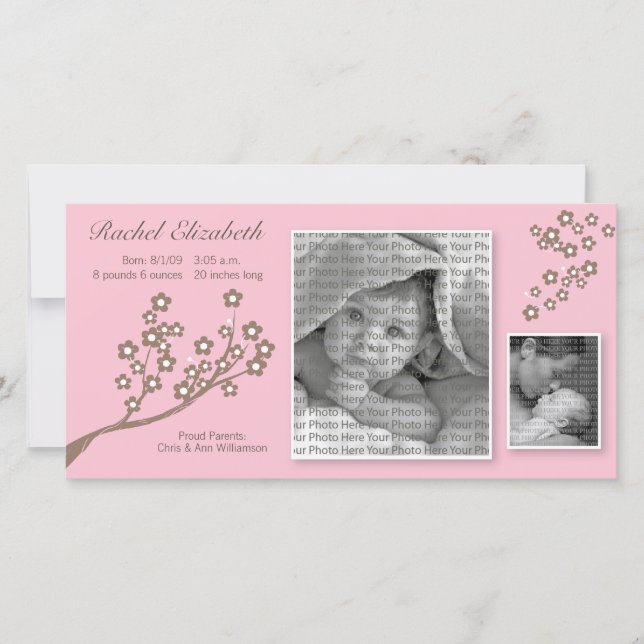 8 x 4 Gren Design Birkelement Rosa/Brown Meddelande (Framsida)