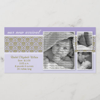 8 x 4 Lila Baroque 3-Photo Birth-meddelande Meddelande
