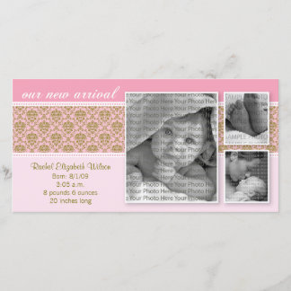 8 x 4 Rosa Baroque 3-Photo Birth-meddelande Meddelande