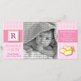 8 x 4 Rosa Gingham Monogrammed Birth Notice Meddelande