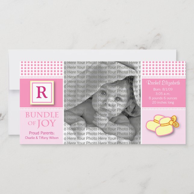 8 x 4 Rosa Gingham Monogrammed Birth Notice Meddelande (Framsida)
