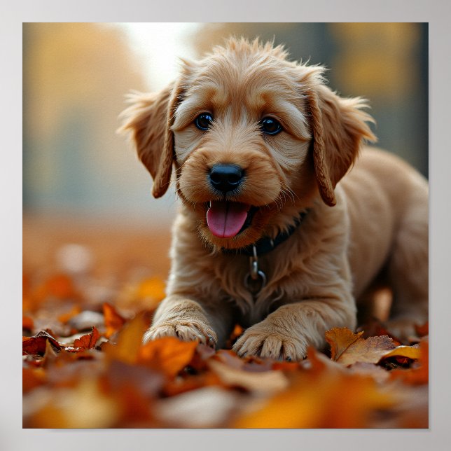 8K Hyper-Realistic Puppy in Autumn Maple Leaves Poster (Framsidan)