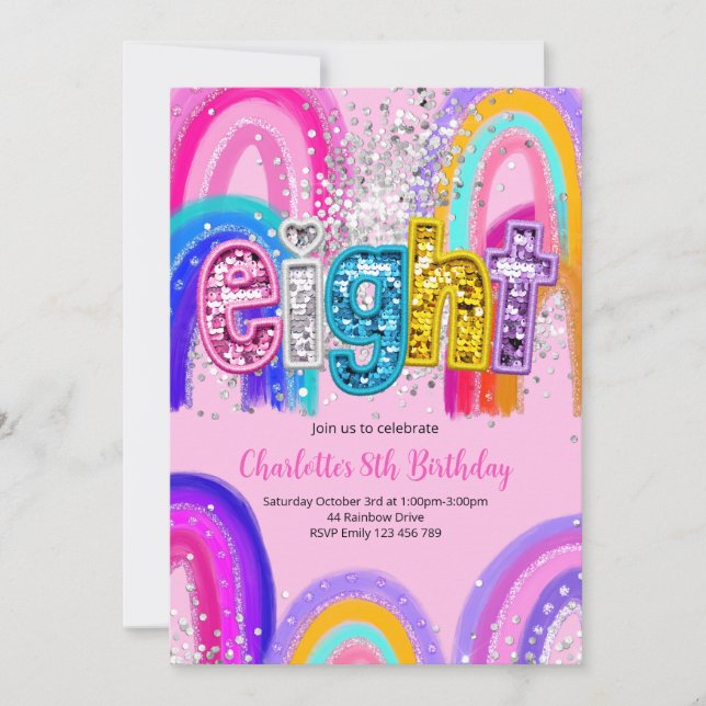 8th Birthday Sequin Rainbow Party Invitation Inbjudningar (Framsida)
