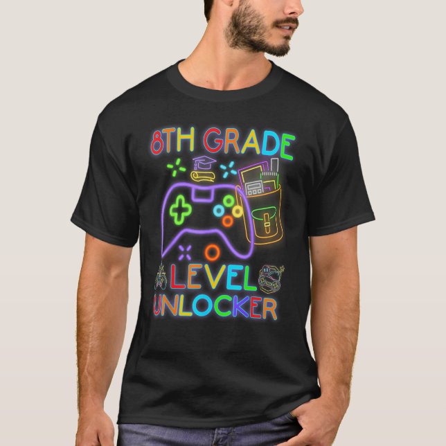 8th Grade Level Unlocked Neon Video Gamer Back to  T Shirt (Framsida)