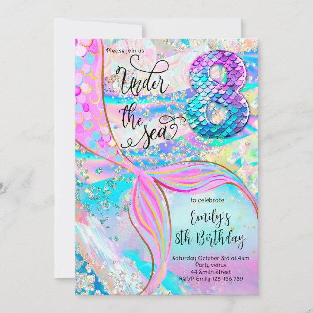 8th Mermaid Birthday Under the Sea Invitation Inbjudningar (Framsida)