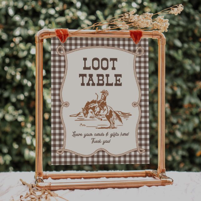 8x10 Brown Gingham Cowboy Loot Table Sign (Skapare uppladdad)