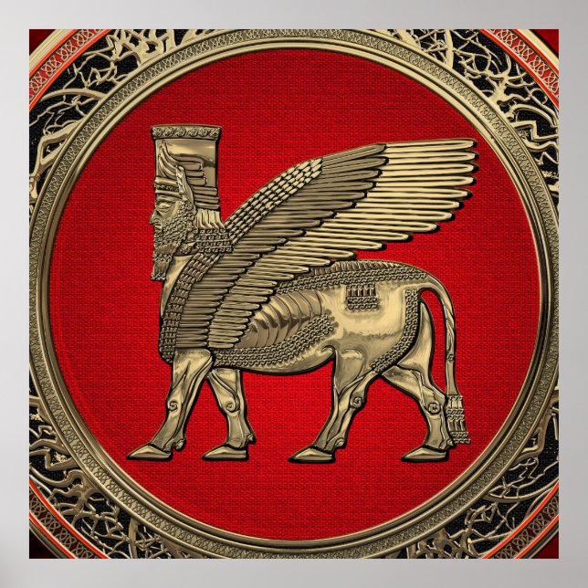 [900] Assyrian Winged Bull - Guld Lamassu Poster (Framsidan)