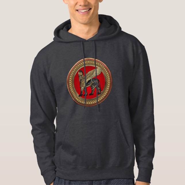 [900] Assyriansk vind Lejon: Guld & Black Lamassu Hoodie (Framsida)