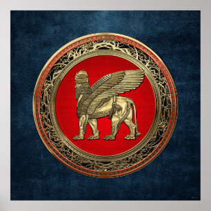 [900] Assyriansk vind Lejon - Guld Lamassu Poster