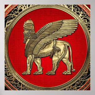 [900] Assyriansk vind Lejon - Guld Lamassu Poster