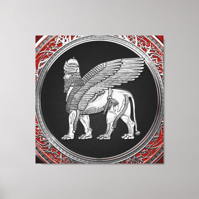 [900] Assyriansk vind Lejon - Silver Lamassu Canvastryck (Framsida)