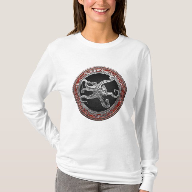 [900] Helig Silver Octopus i försvarsställning T Shirt (Framsida)