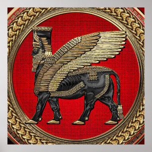 [901] Assyrian Winged Bull: Guld och Black Lamassu Poster