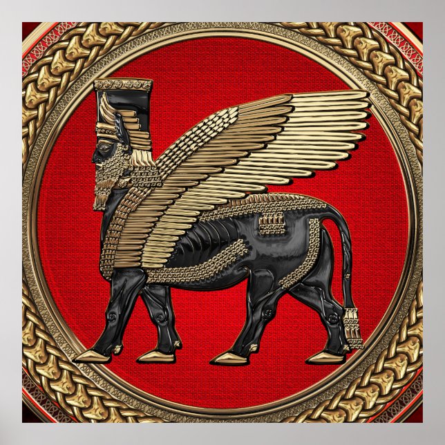 [901] Assyrian Winged Bull: Guld och Black Lamassu Poster (Framsidan)