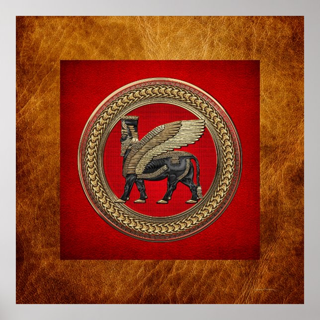 [901] Assyrian Winged Bull: Guld och Black Lamassu Poster (Framsidan)