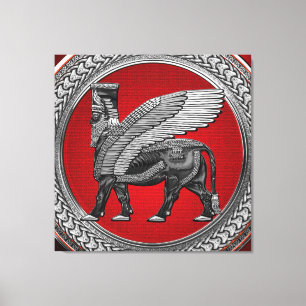 [901] Assyrian Winged Bull: Silver & Black Lamassu Canvastryck