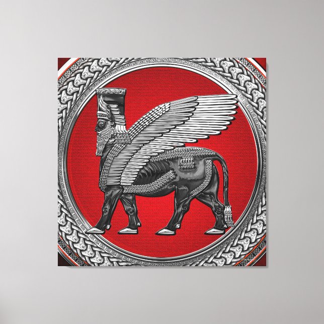[901] Assyrian Winged Bull: Silver & Black Lamassu Canvastryck (Framsida)