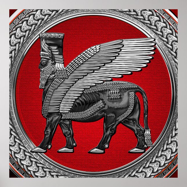 [901] Assyrian Winged Bull: Silver & Black Lamassu Poster (Framsidan)