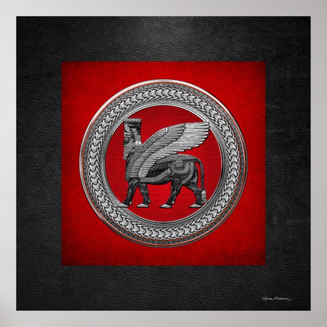 [901] Assyrian Winged Bull: Silver & Black Lamassu Poster (Framsidan)