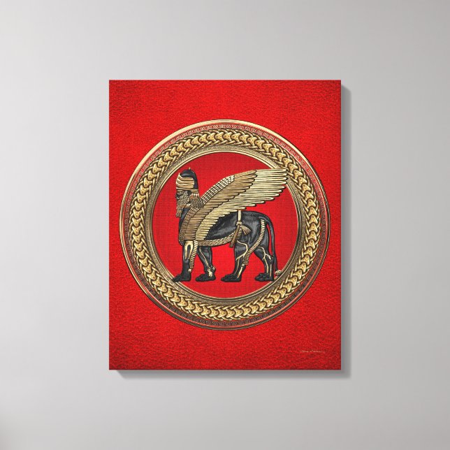 [901] Assyriansk vind Lejon: Guld & Black Lamassu Canvastryck (Framsida)