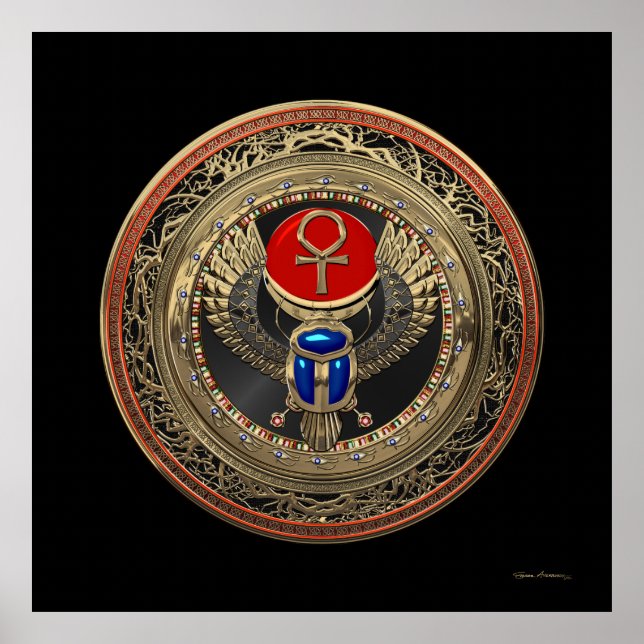 [901] Egyptiska Winged Scarab i Helig Guld med Ank Poster (Framsidan)