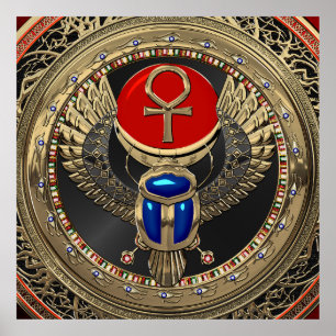 [901] Egyptiska Winged Scarab i Helig Guld med Ank Poster