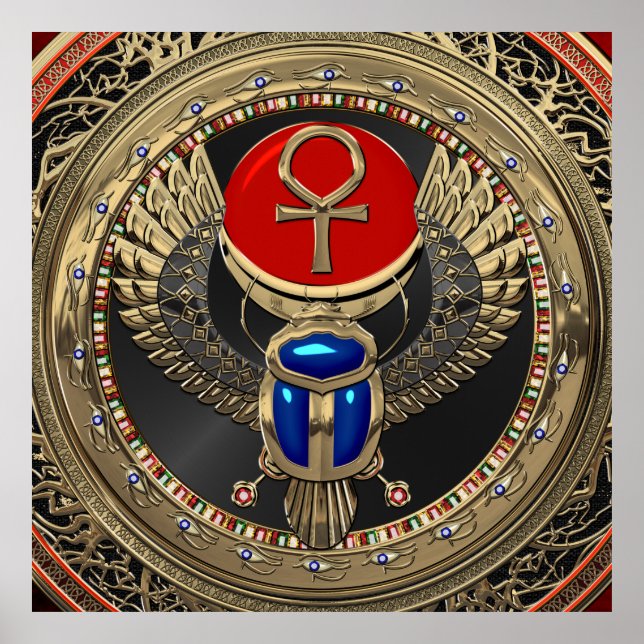 [901] Egyptiska Winged Scarab i Helig Guld med Ank Poster (Framsidan)