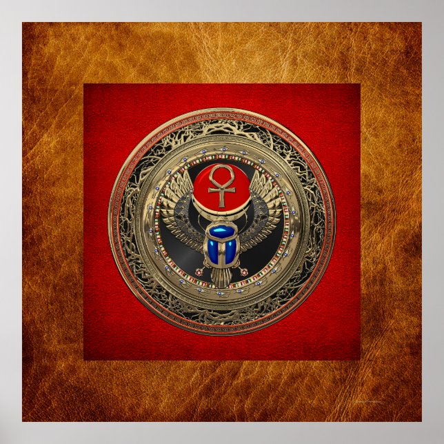 [901] Egyptiska Winged Scarab i Helig Guld med Ank Poster (Framsidan)