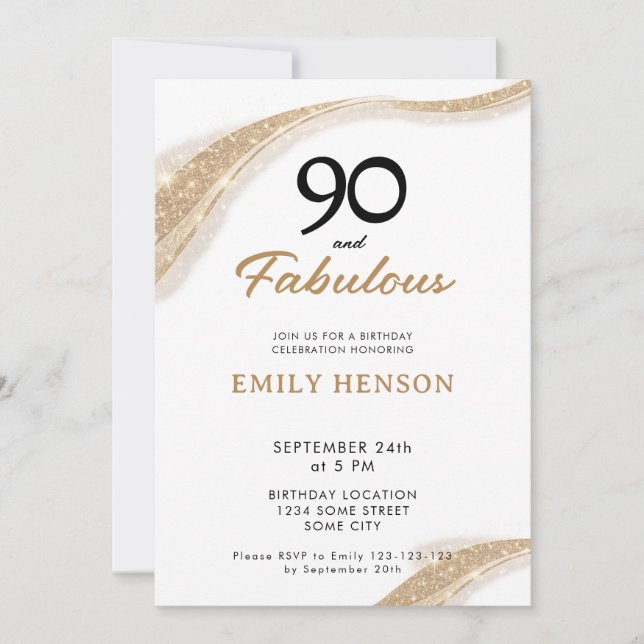 90 and Fabulous Gold 90th Birthday Invitation Inbjudningar (Framsida)