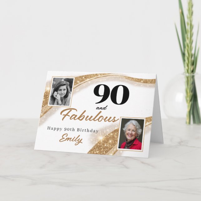 90 and Fabulous Gold Glitter Photo 90th Birthday Kort (Framsida)