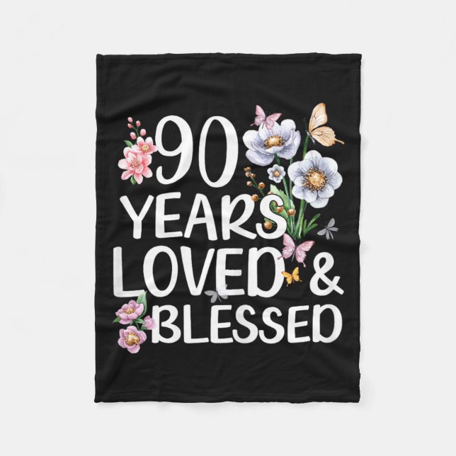 90 år älskad och välsignad Blommig 90-årsdag Fleecefilt (Framsidan)