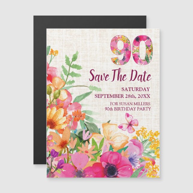 90 år blommig linne 90-årsdag Spara datumet Magnetisk Inbjudningskort (Fram/baksida)