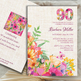 90 års Blommor Blommigt 90:e Birthday Linen Inbjudningar