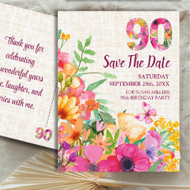 90 års Blommor Blommigt 90:e Birthday Linen Meddelande Vykort