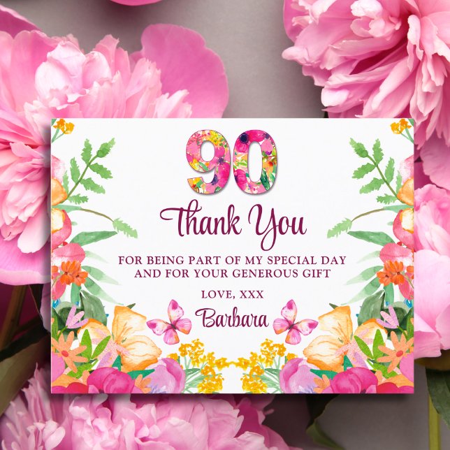 90 års Blommor Butterfly 90:e Birthday Tack Vykort (Skapare uppladdad)