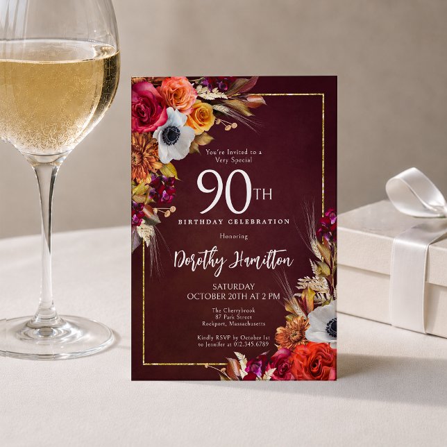 90-års födelsedag Burgunder höstblommor Elegant sk Inbjudningar (Skapare uppladdad)