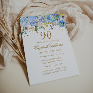 90-års födelsedag Elegant blå guldblommig inbjudan