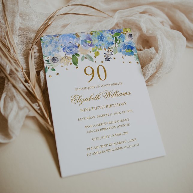 90-års födelsedag Elegant blå guldblommig inbjudan (Skapare uppladdad)