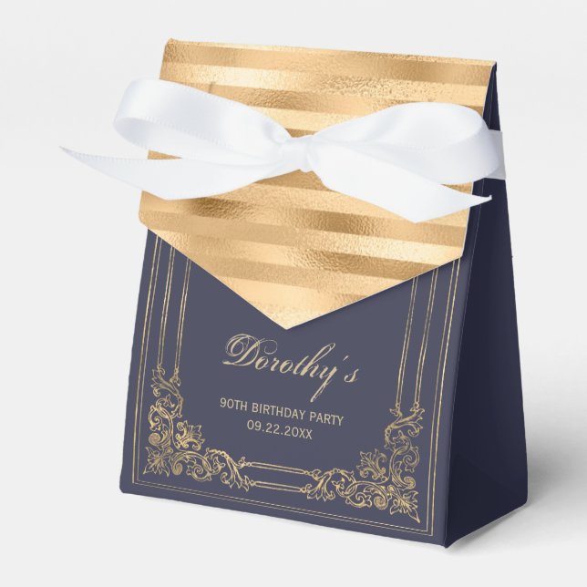 90-års födelsedags Elegant Mörkblå Guld Ramad Skri Presentaskar (Framsidan Sidan)