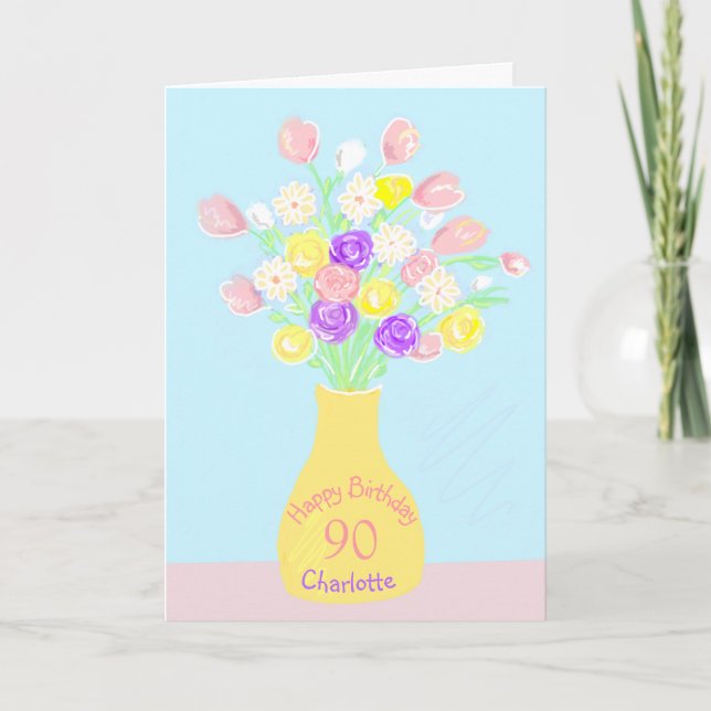 90-års födelsedags rosa & lila blomvas kort (Framsida)