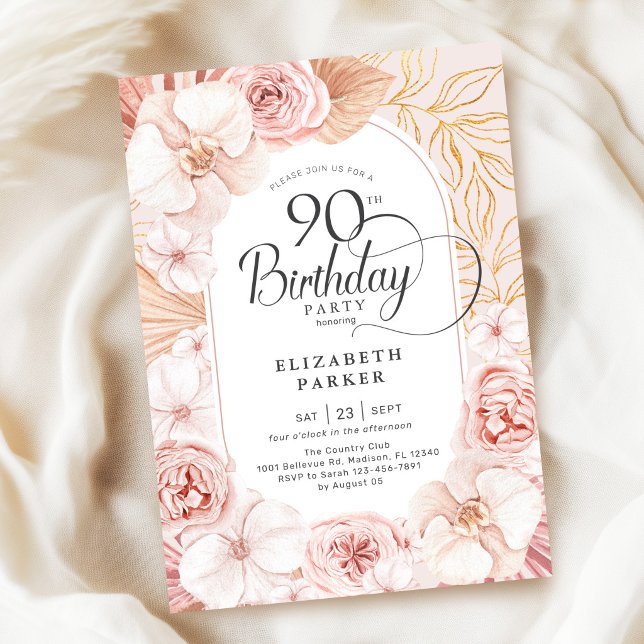 90-års födelsedags rosafärgad guldblommig inbjudningar (Skapare uppladdad)