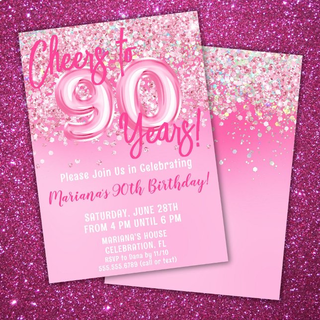 90-års födelsedagsfest med rosa glitter inbjudningar (Skapare uppladdad)