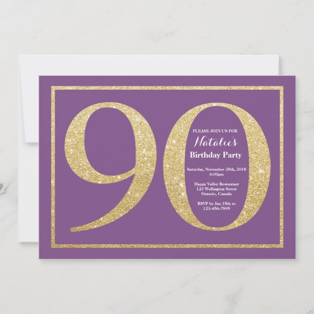 90-års födelsedagsinbjudan Lila och Guld Glitter Inbjudningar (Framsida)
