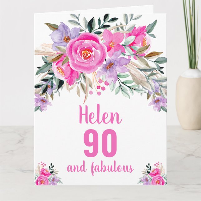 90-års födelsedagskort med rosa akvarellblommor kort (Framsida)