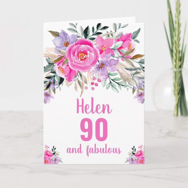 90-års födelsedagskort med rosa blomster i akvarel kort (Framsida)